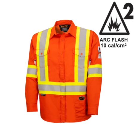Safety shirt, orange Hi-vis, FR-TECH 7 oz fireproof, size small to 4XL, Pioneer V2540460, model 7743, sold by unit