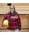 Women’s quilted polar fleece hooded in red and black plaid, often called a hunting shirt or lumberjack shirt, sold individually