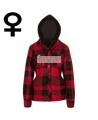 Women’s quilted polar fleece hooded in red and black plaid, often called a hunting shirt or lumberjack shirt, sold individually