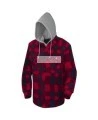 Men’s quilted polar fleece hooded in red and black plaid, often called a hunting shirt or lumberjack shirt, sold individually