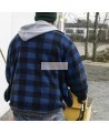 Men’s quilted polar fleece hooded in blue and black plaid, often called a hunting shirt or lumberjack shirt, sold individually