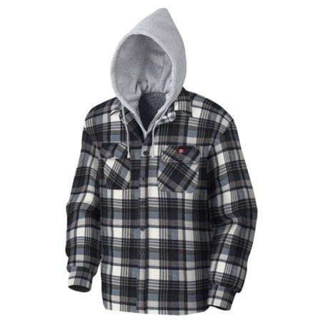 Men’s quilted polar fleece hooded in blue and gray plaid, often called a hunting shirt or lumberjack shirt, sold individually