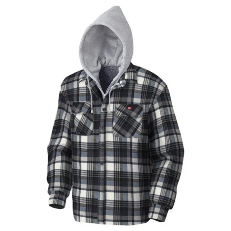 Men’s quilted polar fleece hooded in blue and gray plaid, often called a hunting shirt or lumberjack shirt, sold individually