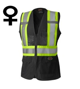 Veste de sécurité Pioneer 139BK noire pour femme, classe 1, niveau 2, 9 poches, XS à 3XL
