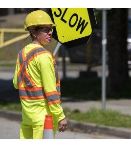 High visibility long-sleeved shirt, neon yellow with grey reflective stripes
