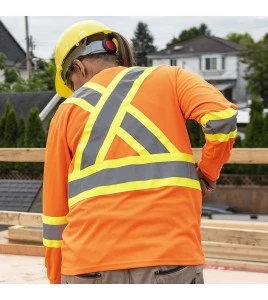 High visibility Pioner long-sleeved shirt, orange hi-vis with grey reflective stripes