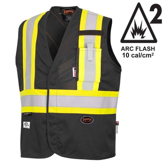 Veste de sécurité ignifugée noire Pioneer 7729 anti-arcs électriques Fr-tech, classé ARC 2 avec bandes hautes visibilité Veste de sécurité ignifugée noire Pioneer 7729 anti-arcs électriques Fr-tech, classé ARC 2 avec bandes hautes visibilité