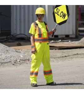 Women's yellow safety overalls for road safety, breathable, with reflective stripes, Pioneer model 6000W