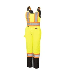 Women's 100% waterproof yellow-black polyester-polyurethane winter overalls with reflective stripes