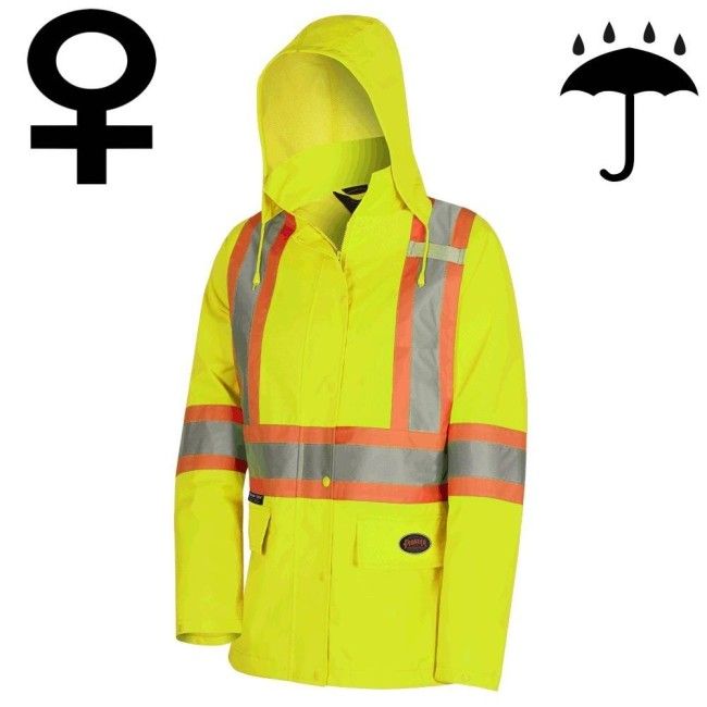 Manteau imperméable pour femme de couleur jaune haute visibilité, Pioneer modèle 5628W, bande réfléchissante, grandeur XS à 4XL Manteau imperméable pour femme de couleur jaune haute visibilité, Pioneer modèle 5628W, bande réfléchissante, grandeur XS à 4XL