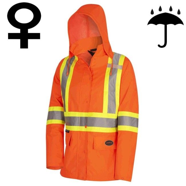 Manteau imperméable pour femme de couleur orange haute visibilité, Pioneer modèle 5626W, bande réfléchissante, grandeur XS à 4XL Manteau imperméable pour femme de couleur orange haute visibilité, Pioneer modèle 5626W, bande réfléchissante, grandeur XS à 4XL