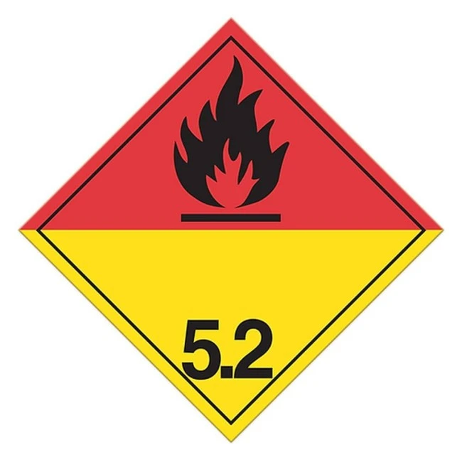 Organic peroxides, class 5.2 placard, 10-3/4 in X 10-3/4 in. Organic peroxides, class 5.2 placard, 10-3/4 in X 10-3/4 in.