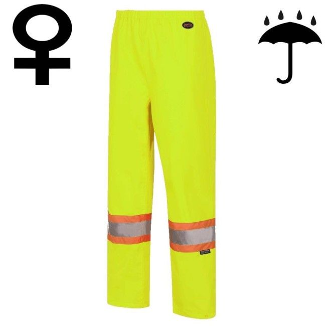 Women's high-visibility yellow waterproof pant, Pioneer model 5629W, reflective tape, sizes XS to 4XL Women's high-visibility yellow waterproof pant, Pioneer model 5629W, reflective tape, sizes XS to 4XL