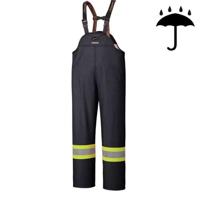Black waterproof bib pants polyester-PU, 300 D with reflective stripes, Pioneer 5629BK, sizes S to 5XL Black waterproof bib pants polyester-PU, 300 D with reflective stripes, Pioneer 5629BK, sizes S to 5XL