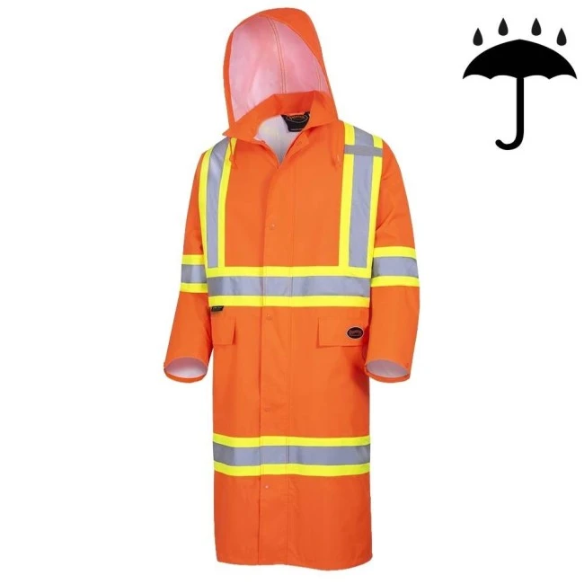 High-visibility orange waterproof long coat, Pioneer model 5630, reflective stripe, size S to 5XL High-visibility orange waterproof long coat, Pioneer model 5630, reflective stripe, size S to 5XL