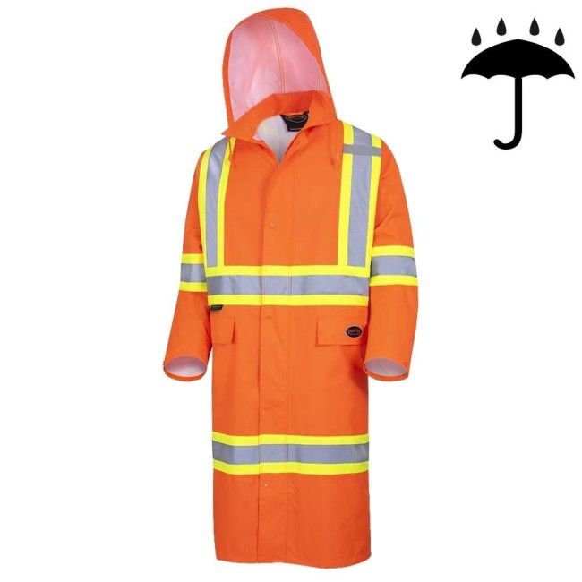 Manteau imperméable long de couleur orange haute visibilité, Pioneer modèle 5630, bande réfléchissante, grandeur P à 5XL Manteau imperméable long de couleur orange haute visibilité, Pioneer modèle 5630, bande réfléchissante, grandeur P à 5XL