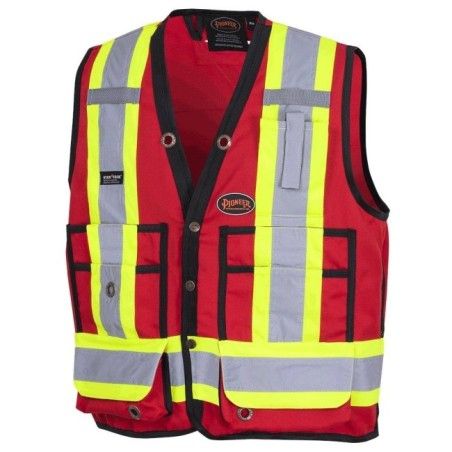 Pioneer men's low-visibility red 6683 surveyor's vest, 150 denier woven twill, 16 pockets
