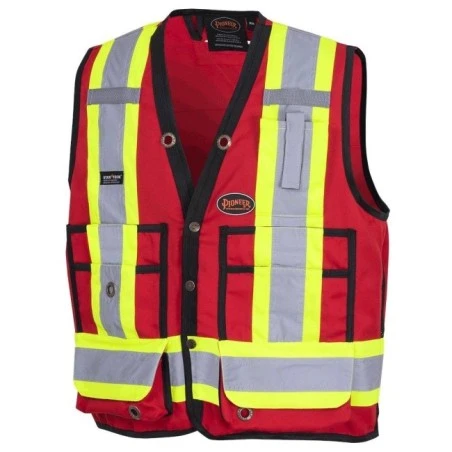Veste de sécurité d’arpenteur, basse visibilité rouge 150D, 16 poches avec fermeture à bouton pression, vendue à l’unité