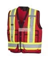 Veste de sécurité d’arpenteur, basse visibilité rouge 150D, 16 poches avec fermeture à bouton pression, vendue à l’unité