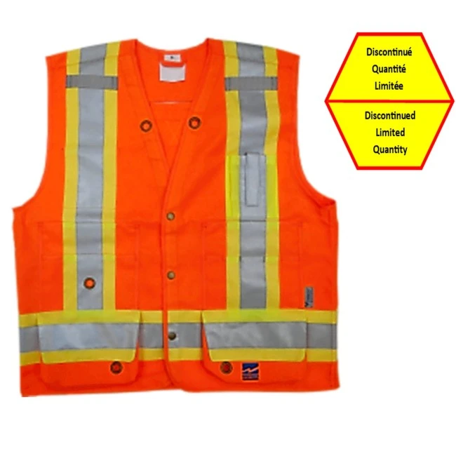 High-visibility orange surveyor vest with 14 pockets, CSA Z96-15 class 2 level 2. High-visibility orange surveyor vest with 14 pockets, CSA Z96-15 class 2 level 2.