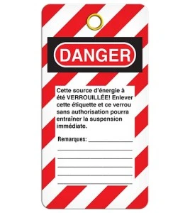 French DANGER ÉQUIPEMENT VERROUILLÉ NE PAS OPÉRER label, 3-3/8 X 5-3/4 in, sold in packs of 25