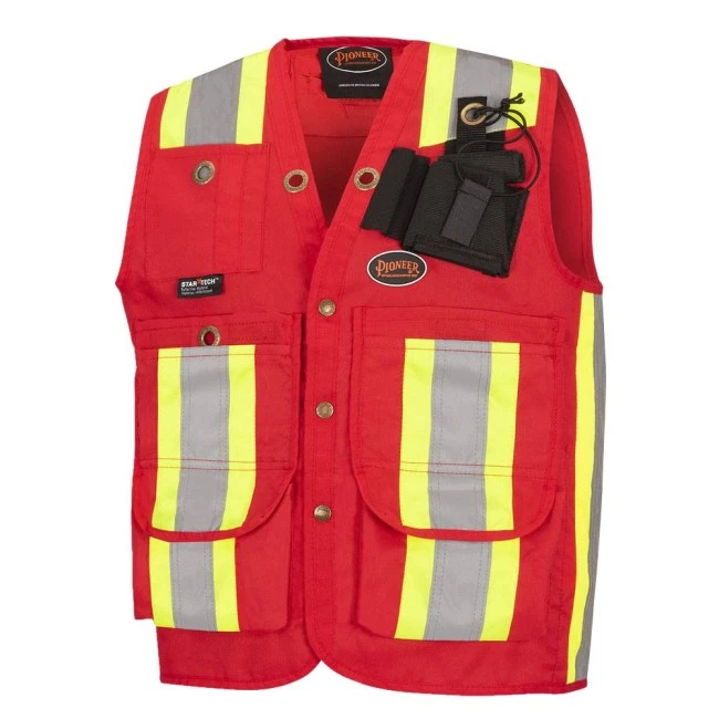 Veste de sécurité d’arpenteur haute visibilité rouge en polyester oxford de 600D enduit de polyuréthane, modèle 695