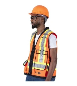 Veste d'arpenteur haute visibilité en polyester orange de 1200 deniers enduits de polyuréthane, 13 poches, Pioneer modèle 6676