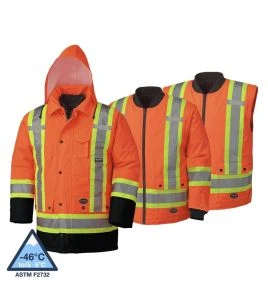 Winter men's orange-black 100% waterproof polyester-polyurethane winter jacket 7 in 1 with reflective stripes
