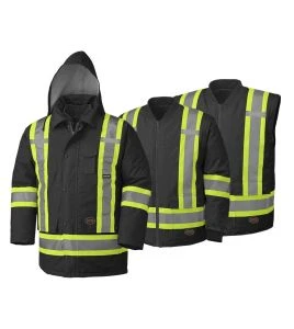 Manteau d'hiver noir 100% imperméable 7-en-1 polyester enduit de polyuréthane, 7 en 1 haute visibilité pour homme