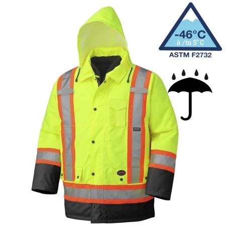 Winter men's yellow-black 100% waterproof polyester-polyurethane winter jacket 7 in 1 with reflective stripes