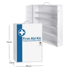 Wall-mounted metal first aid cabinet with solid door panel and lock with 2 keys