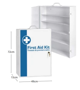 Wall-mounted metal first aid cabinet with solid door panel and lock with 2 keys