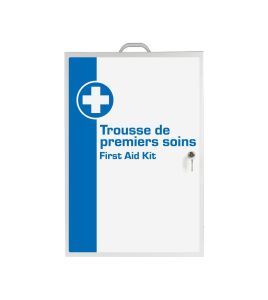 Wall-mounted metal first aid cabinet with solid door panel and lock with 2 keys