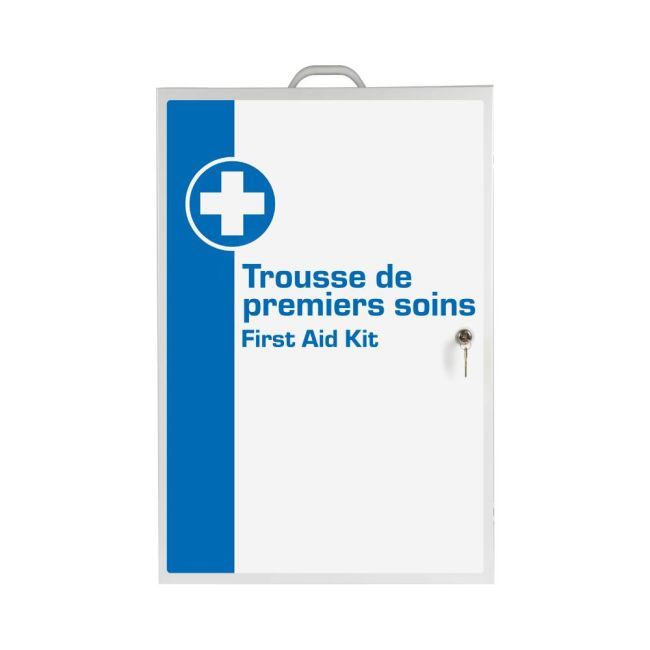 Wall-mounted metal first aid cabinet with solid door panel and lock with 2 keys