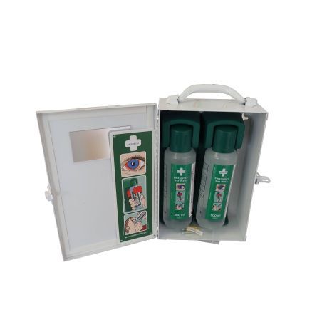 Armoire de lavage oculaire en métal, avec deux bouteilles de 500 ml de solution de lavage oculaire