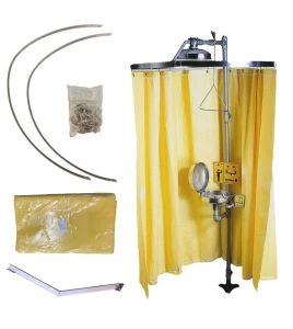 Highly-visible yellow curtain for emergency shower, made by Bradley, 178 x 369 cm (70 x 145 in).