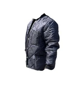 Short blue fleece-lined refrigeration coat with 3 pockets, snap closure.