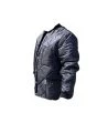 Short blue fleece-lined refrigeration coat with 3 pockets, snap closure.