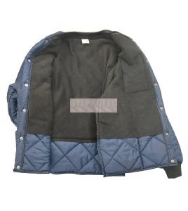 Short blue fleece-lined refrigeration coat with 3 pockets, snap closure.