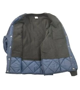 Short blue fleece-lined refrigeration coat with 3 pockets, snap closure.