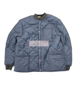 Short blue fleece-lined refrigeration coat with 3 pockets, snap closure.