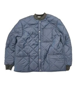 Short blue fleece-lined refrigeration coat with 3 pockets, snap closure.