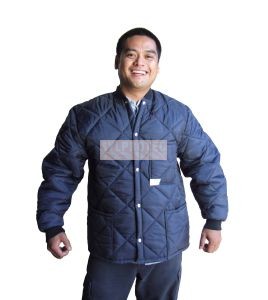 Short blue fleece-lined freezer coat with 3 pockets, snap closure.