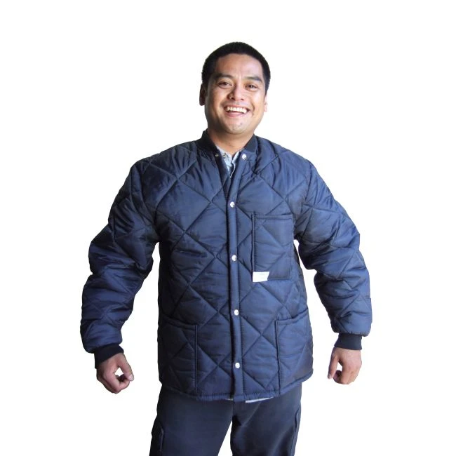 Short blue fleece-lined freezer coat with 3 pockets, snap closure.