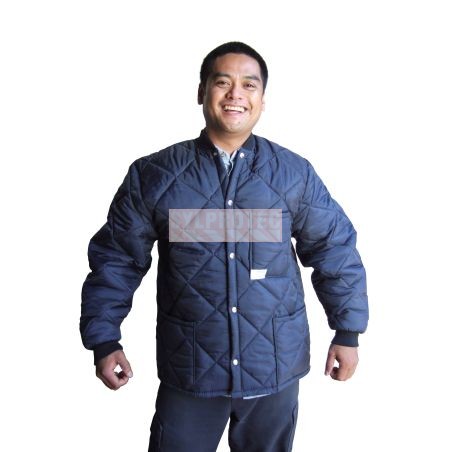 Manteau de réfrigération bleu court doublé polar avec 3 poches, fermeture à bouton-pression