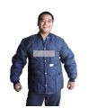 Short blue fleece-lined freezer coat with 3 pockets, snap closure.