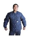 Short blue fleece-lined freezer coat with 3 pockets, snap closure.