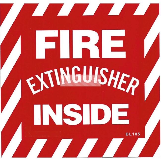 English self-adhesive vinyl "Fire extinguisher inside" sign.