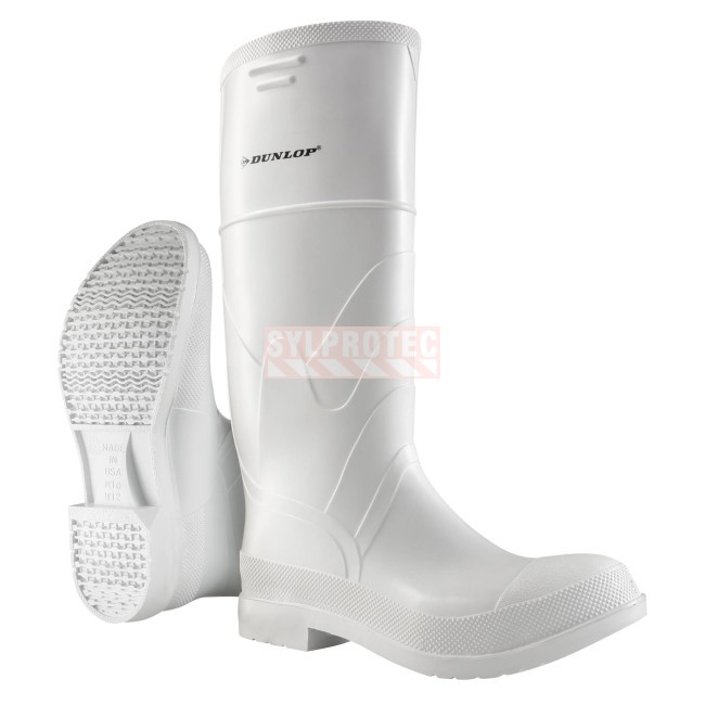 Waterproof white PVC Dunlop boots with steel toes and anti-slip soles