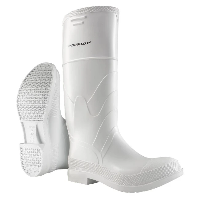 Waterproof white PVC Dunlop boots with steel toes and anti-slip soles